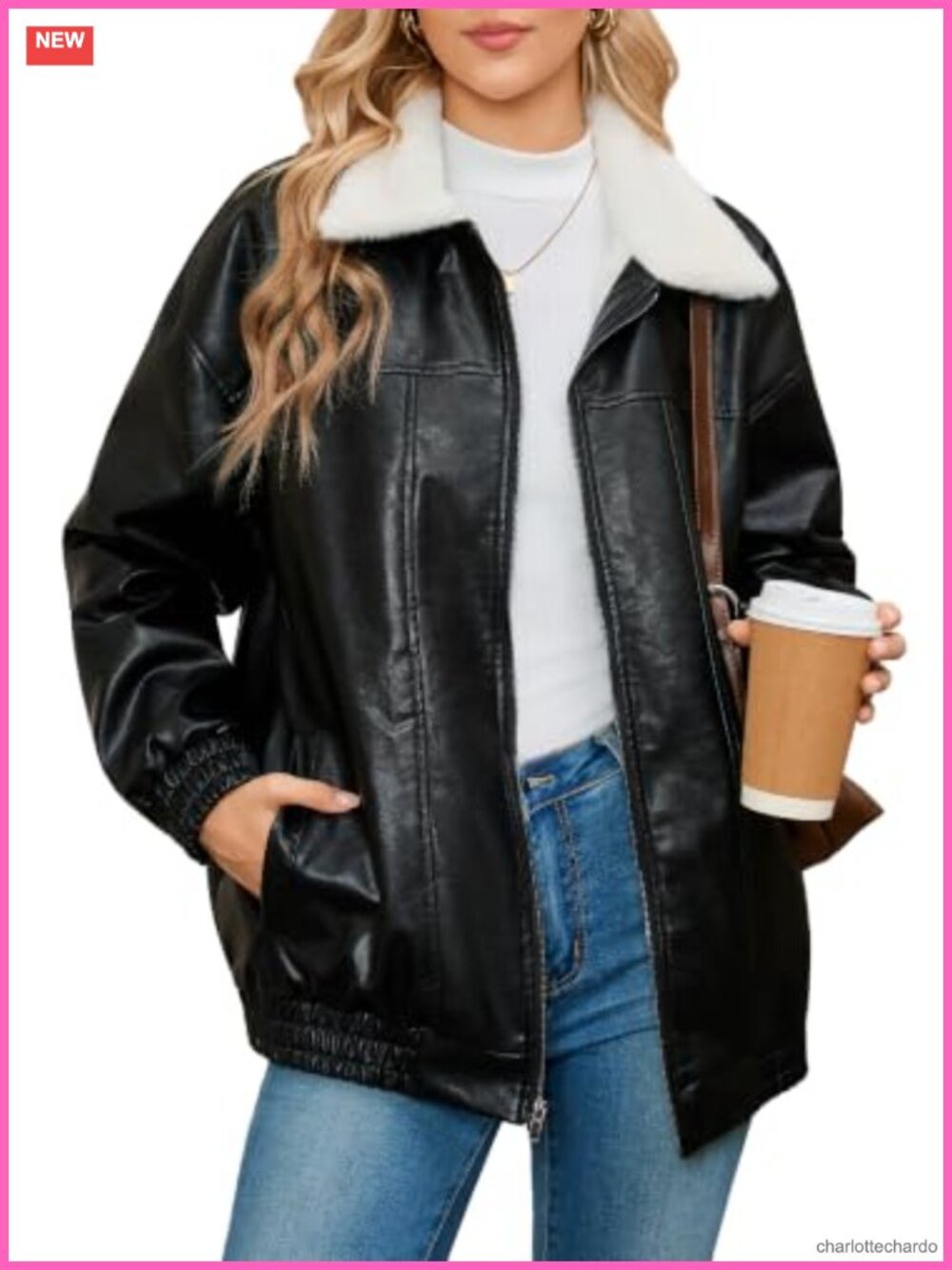 Faux Leather Sherpa Lined Zip Ribbed Oversized Warm Winter Jacket